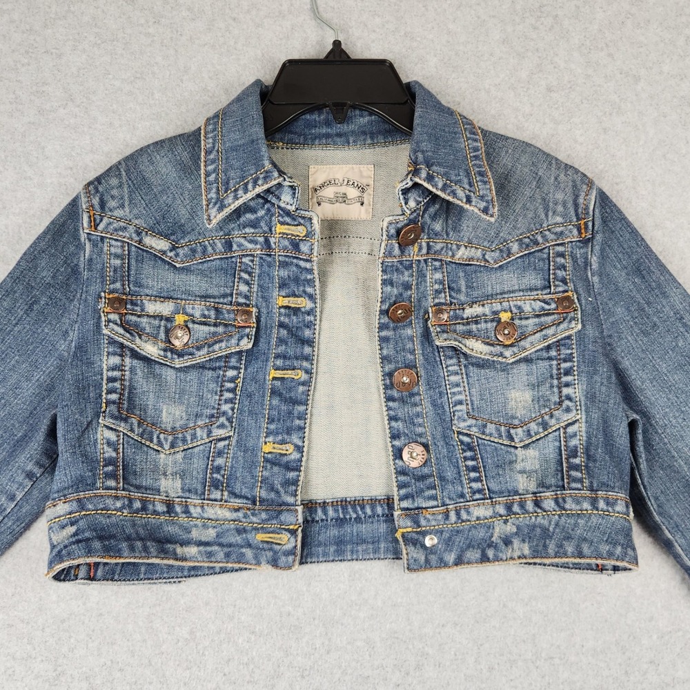 Angel Jeans Denim Jacket Women's S Blue Cropped Distressed Medium Wash Stretch